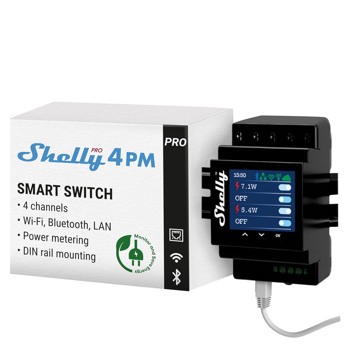 Shelly Pro 4PM | Wi-Fi & LAN, 4-Channel Smart Relay with Power Metering | Home Automation | Compatible with Alexa & Google Home | iOS Android App| Remote Appliances Control and Monitoring