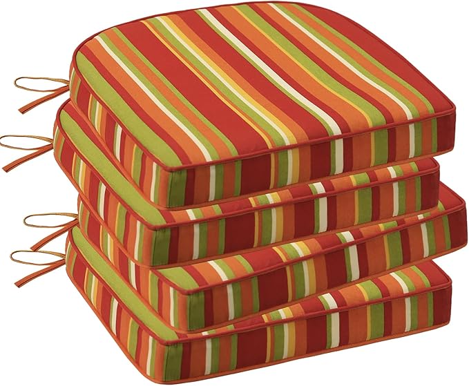 Outdoor Round Corner Seat Cushion, 17"x16"x2", Set of 4, Non Slip Seat Cushion Pads with Removable Cover for Patio Furniture, Garden Yard Lawn, Rainbow Stripe