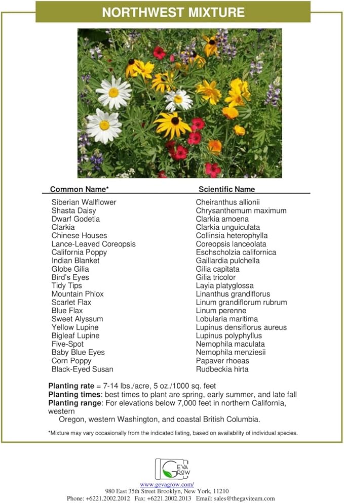Geva Grow on The Go Seed Shaker - Northwest Wildflower Seeds Regional Mix - Organic, Non-GMO - 100% Pure Seed - 20 Different Wildflowers Seeds of Annual and Perennial, 2oz