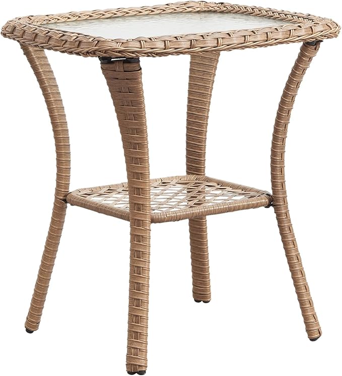 Patio Tables Wicker Side Table - Rattan Coffee Tables with Glass Top End Table for Outdoor Outside Patio Porch Square Yellow