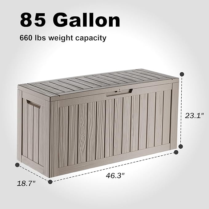86 Gallon Outdoor Deck Box,Storage Lockable Waterproof Patio Furniture,Garden Tools,Cushions,Pool Accessories Outside Storage Resin Box(Grey)