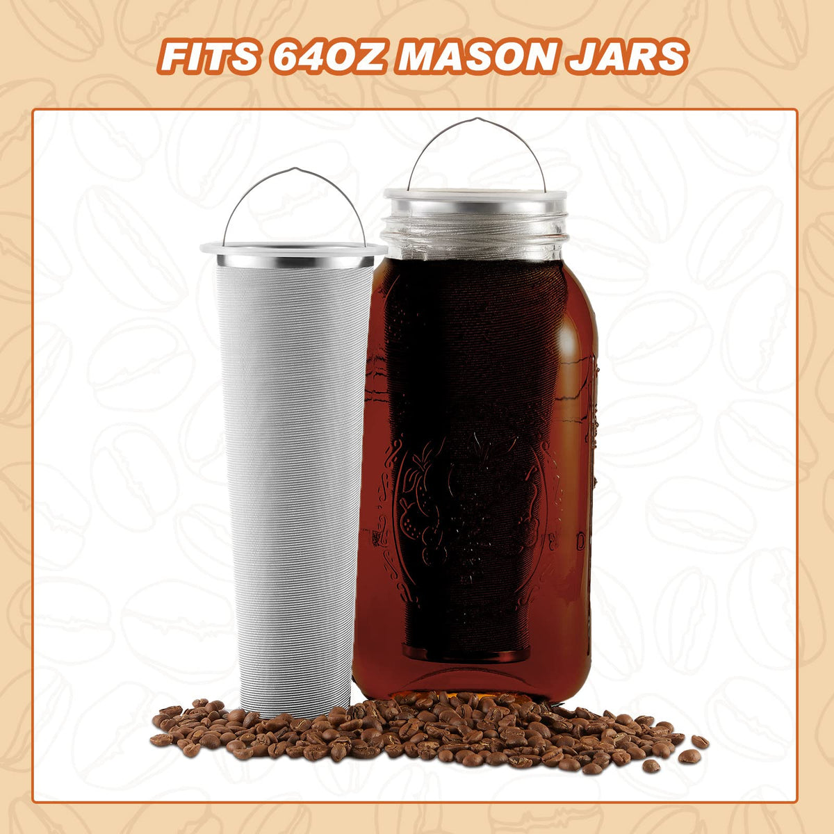 3 Pcs Cold Brew Coffee Filter With Handle 2 Quart Stainless Steel Mason Jar Filter for Wide Mouth Cold Brew Mason Jar Tea Infuser Strainer Mesh for Coffee Maker Masons Canning Iced Tea