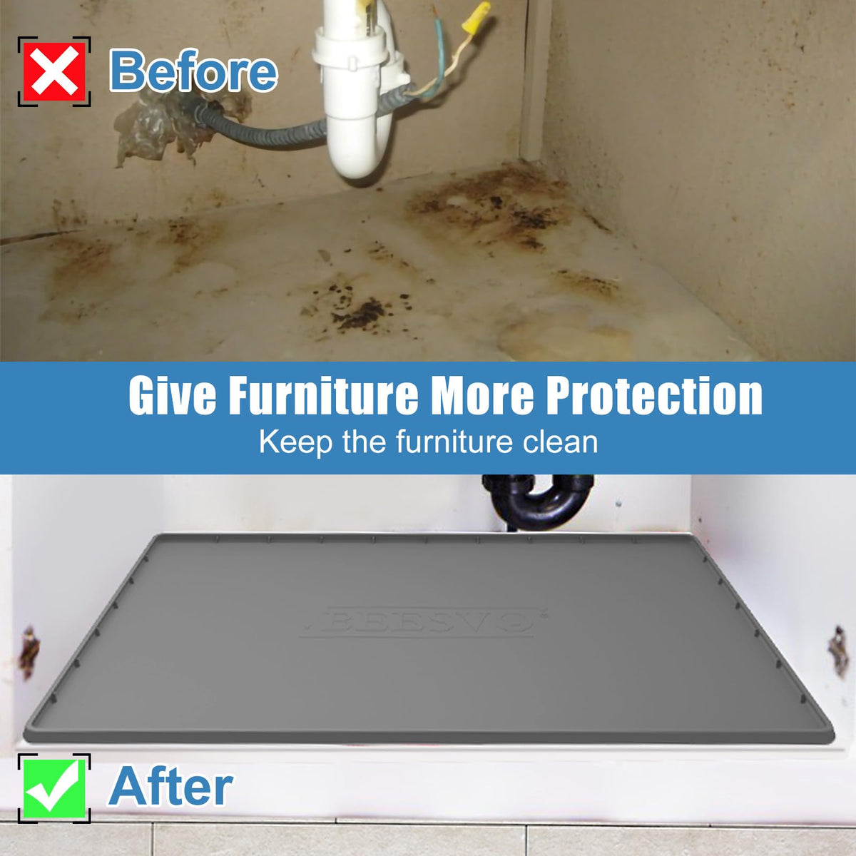 Under Sink Mat for Kitchen Waterproof, 34" x 22" Silicone Under Sink Liner Kitchen & Bathroom Cabinet Protector Mats, Heavy Duty Flexible Under Sink Drip Tray with Lip, Cool Grey