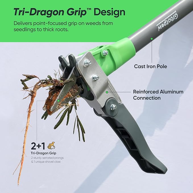 Grootpow WP5 Heavy Duty Weed Puller Tool, Stand Up Dandelion Weeder with 40" Handle, 3 Claws & Fiberglass Foot Pedal, Weeding Tool Made with Cast-Iron, Easily Remove Weeds Without Bending or Kneeling
