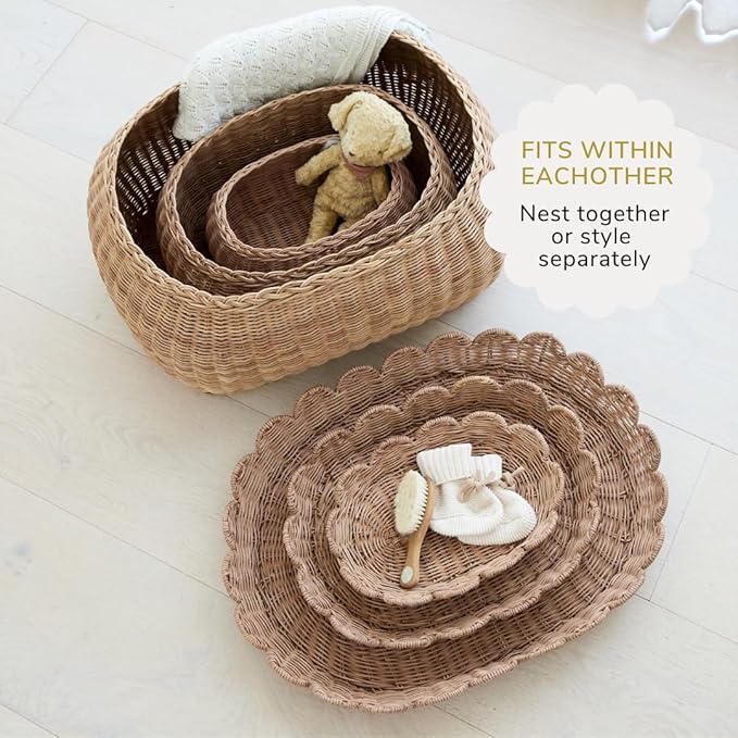 BEBE BASK Large Scalloped Basket Set Of 3 - Hand-Woven & Award-Winning Scallop Basket - XL - Extra Large for Blankets 22 x 16 x 10 In - Elegant Wicker With Scalloped Edge Lid (Mocca)