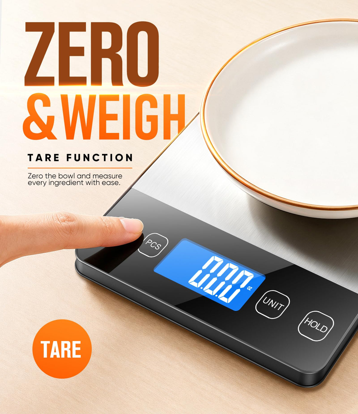 Food Scale 33 lb Capacity, Rechargeable Kitchen Scale with 7 Units