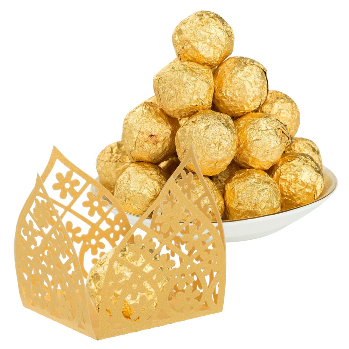 OKUMEYR 50pcs Hollow Truffle Cups for Chocolate Wrapping Elegant Wedding Party Decoration for Caramels Confections Unique Design for Easy Use