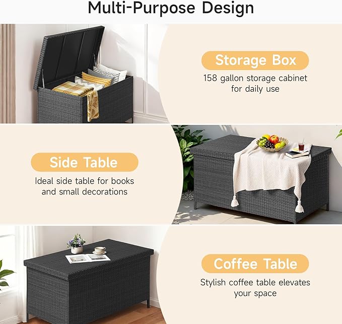 158 Gallon XL Deck Box with Lid, All Weather Wicker Outdoor Storage Box Waterproof, Large Outdoor Patio Storage Bin for Cushions, Garden Tools, Gears, Pool Accessories, Black