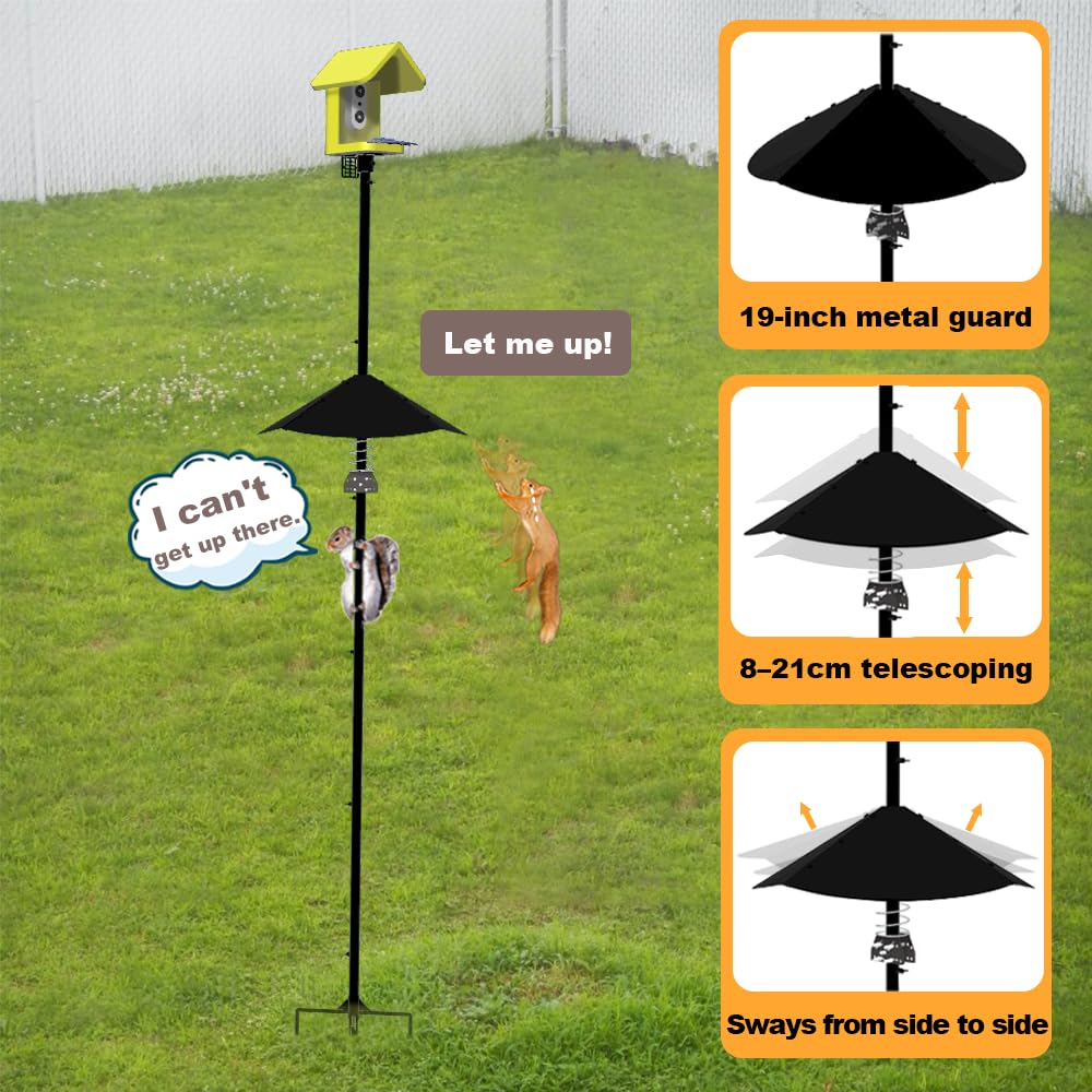 Smart Bird Feeder Pole With Metal Squirrel Baffle,94 Inches Bird House Poles For Outdoors,1-Inch Dia Heavy-Duty Pole For Bird Feeder,Squirrel Proof Baffle with Stainless Steel Spring for Defense.