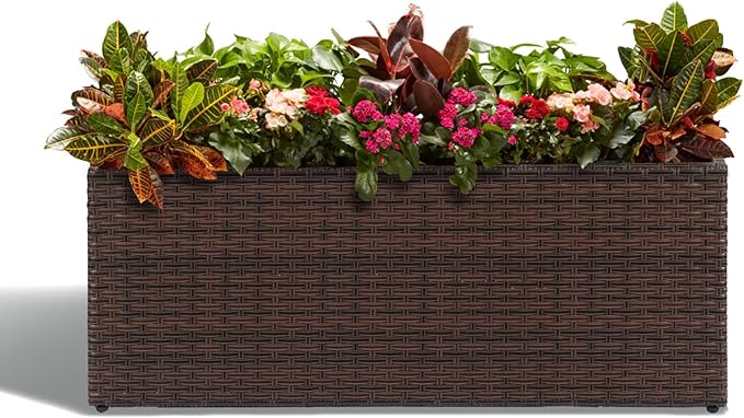 LEWIS&WAYNE Large Rectangular Block Planter Box Handmade Wicker Tall Planters for Outdoor Plants with Removable Liners Modern Planter for Indoor Outdoor Patio Deck - Brown, 36''x12''x16''