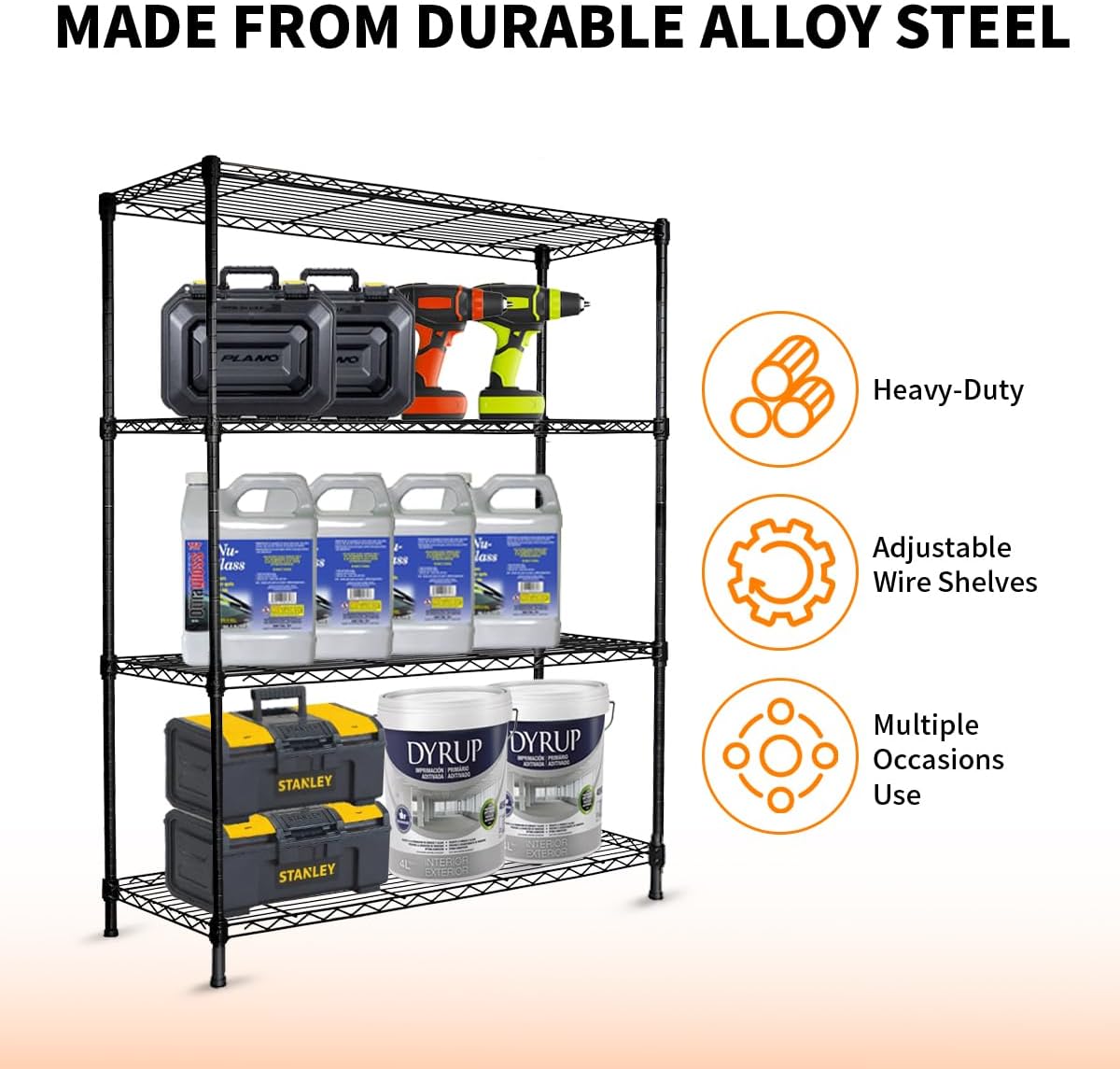 Heavy-Duty Black 4 Tiers Steel 36x14x54 Wire Shelving NSF Certified. Adjustable Storage Rack for Kitchen,Garage,and Laundry Utility Room (4Tiers-36x14x54)