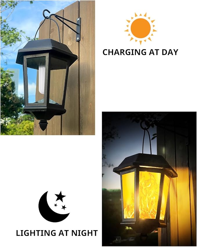 Solar Lanterns Outdoor Waterproof, Hanging Solar Lights with Glass Shade - 2 Pack LED Metal Wall Mount Outdoor Light for Yard/Garden/Patio - Flame