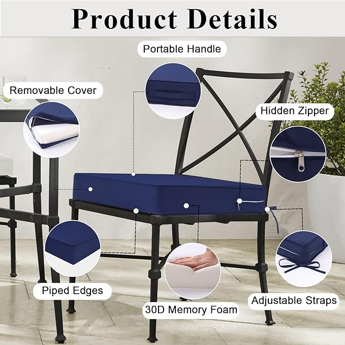 Outdoor Chair Cushions Set of 2 for Patio Furniture 22x22x4 Inch Waterproof Patio Chair Cushion 3 Year Color Fastness Square Elastic Foam Garden Sofa Couch Pads with Ties and Handle,Blue