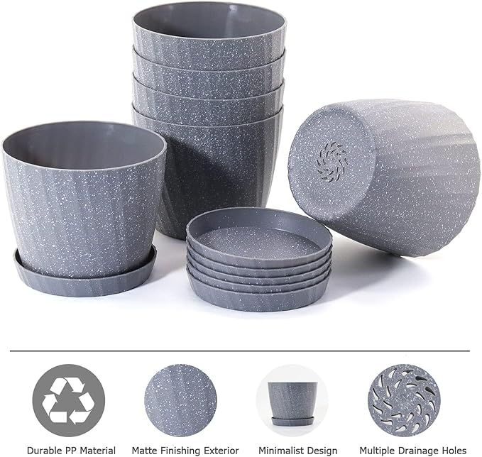 7 Inch Plant Pots Bulk, 6 Pack Plastic Planters with Drainage Holes and Saucers for Indoor Outdoor House Plants and Flowers, Grey