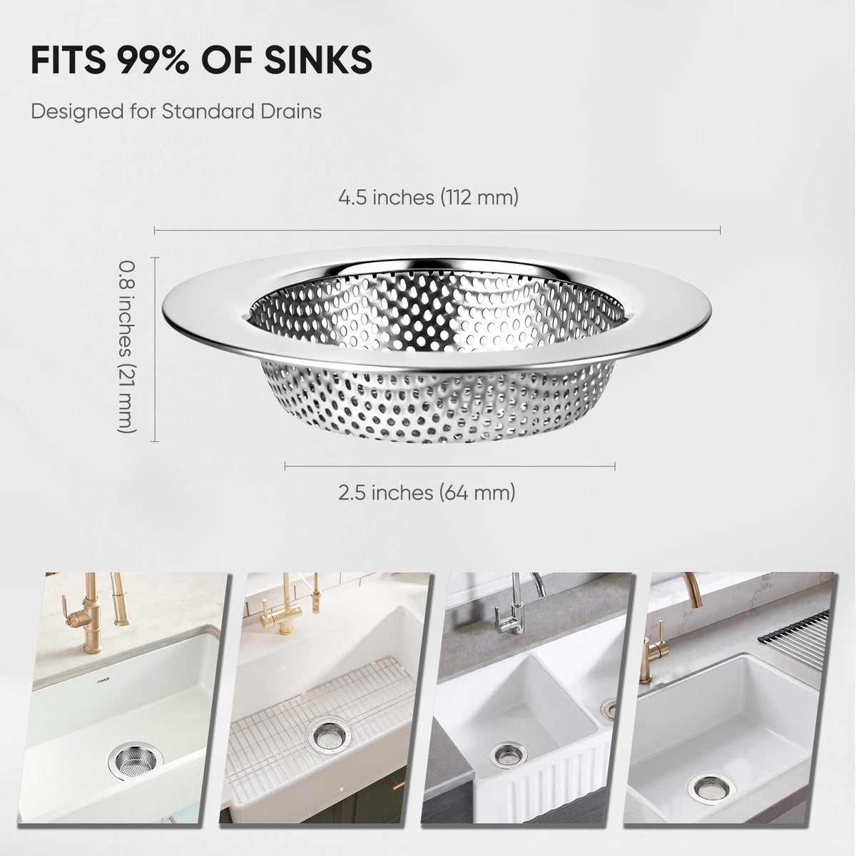 4 Pack Kitchen Sink Strainer, 304 Stainless Steel Sink Drain Strainer, 2mm Micro-Perforated Food Catcher Basket, Wide Rim Anti-Clog Filter, Fit 4.5in Sinks & Garbage Disposals, Dishwasher Safe