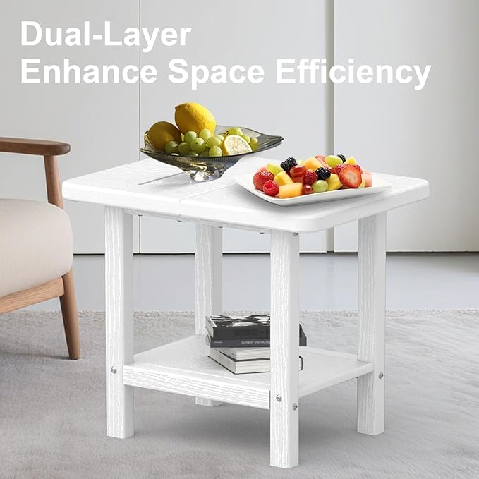 Outdoor Side Table - 2-Tier Storage All Weather Outdoor End Table for Patio - HDPE Morden Easy Maintenance Adirondack Side Table for Pool Porch Balcony Garden Lawn Backyard Outside Indoor