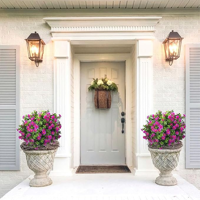 23.6" Artificial Boxwood Topiary Ball Trees with Purple Flowers, Set of 2 UV Resistant No Fade Outdoor Faux Plants with Ground Spike, Fake Shrubs for Garden, Patio, Porch, Yard, Indoor Decor