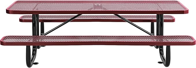 Global Industrial 8’L Rectangular Picnic Table, Expanded Metal, Red Thermoplastic Coating, Attached Benches, 1-1/2” Umbrella Pole Hole, Outdoor-Rated, 1000 lb Capacity, 96” x 30” Tabletop