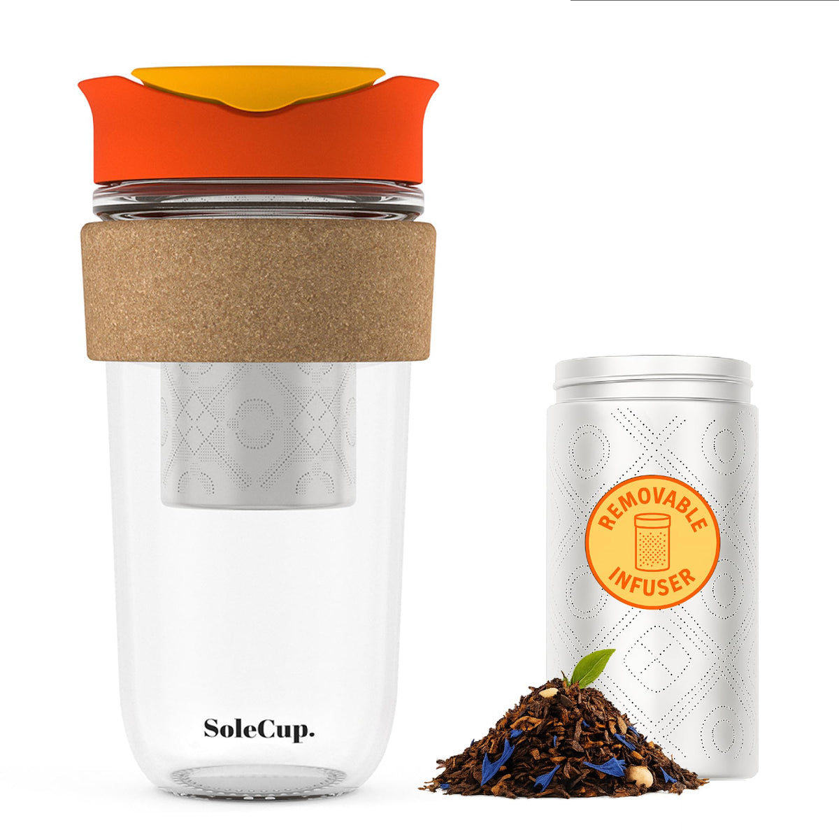 SoleCup. Large Travel Mug Loose Tea Infuser - Detachable Tea Strainer with Spill Proof Lid - 18oz/530ml BPA-Free Reusable Glass Travel Coffee Cup with Cork Band (Red, 18oz)
