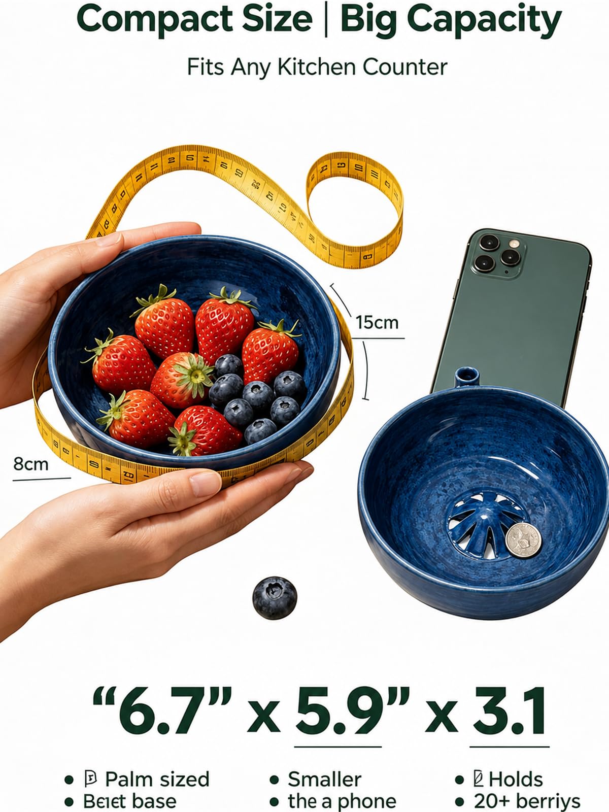 Berry Bowl Fruit Washer with Strainer Holes Ceramic, Ceramic Fruit Bowl Self-Spinning Automatic 360° Swirling Vortex Berry Rinser & Vegetable Colander, Handmade Multipurpose Cleaner Bowl(Blue)