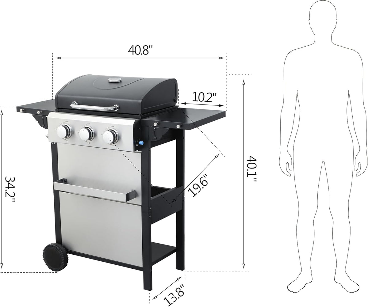 3-Burner Propane Gas BBQ Grill, 25,650 BTU Output, Wire Enamel Cooking Grids, Foldable Side Table, Stainless Steel Outdoor Grill for Patio and Backyard