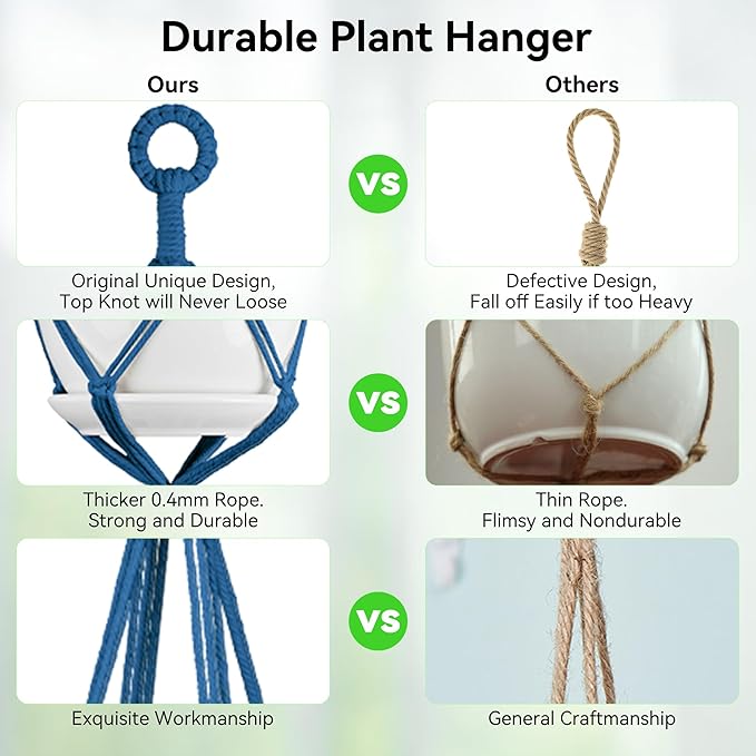 USLAI Macrame Plant Hanger Indoor Outdoor, Up to 4-15 inch Pot, Heavy 20lb Planters, Extra Long Strong Hanging Planter Basket Holder, Boho Home Decor, 49+72 Inch, Blue (POTS NOT Included)
