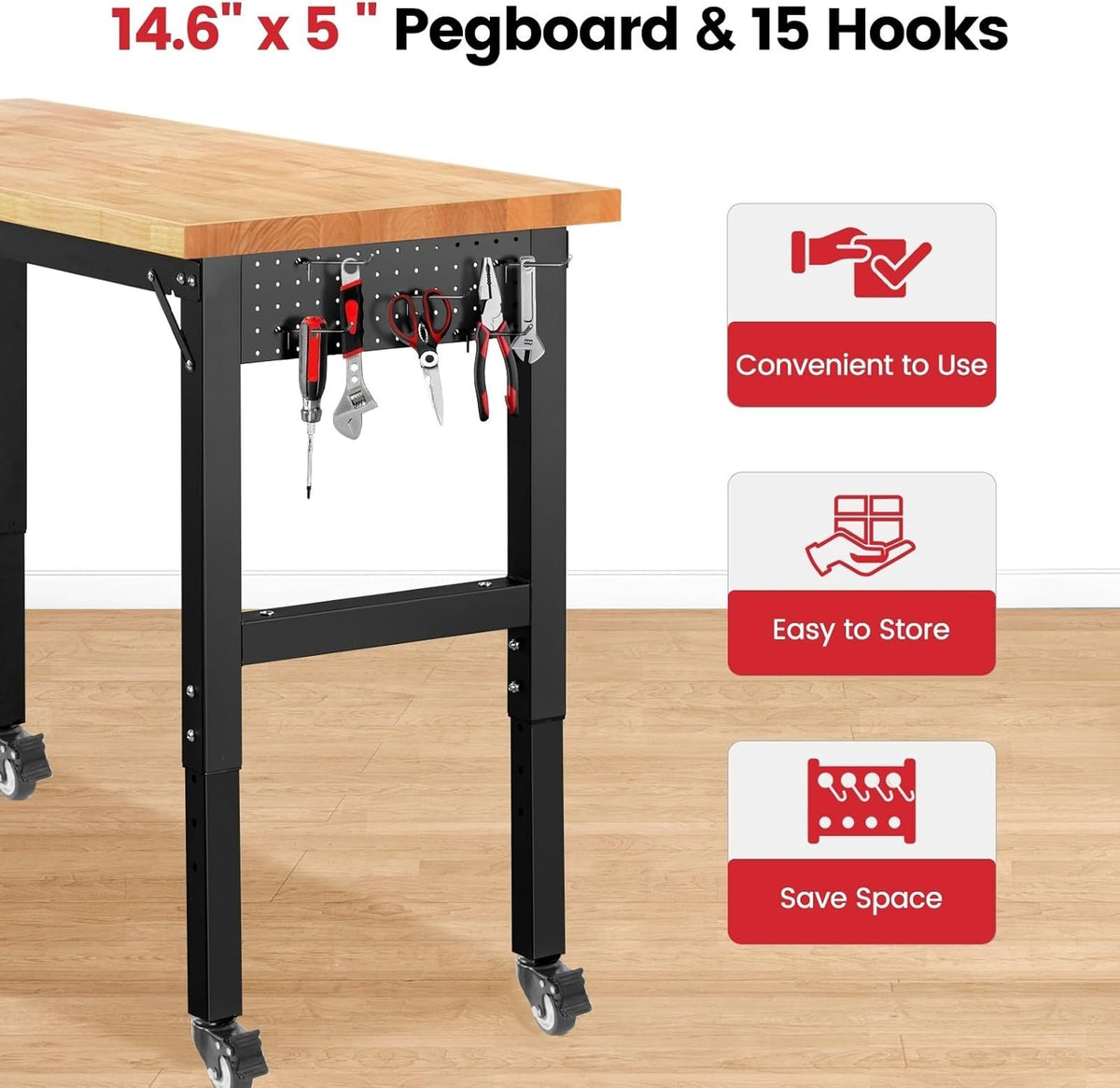 Work Bench with Wheels 48 x 20 Inch Heavy Duty Rubberwood Tabletop Garage Workbench Adjustable Height Work Table with Pegboard, Power Outlets for Woodworking Shop, Home, Office