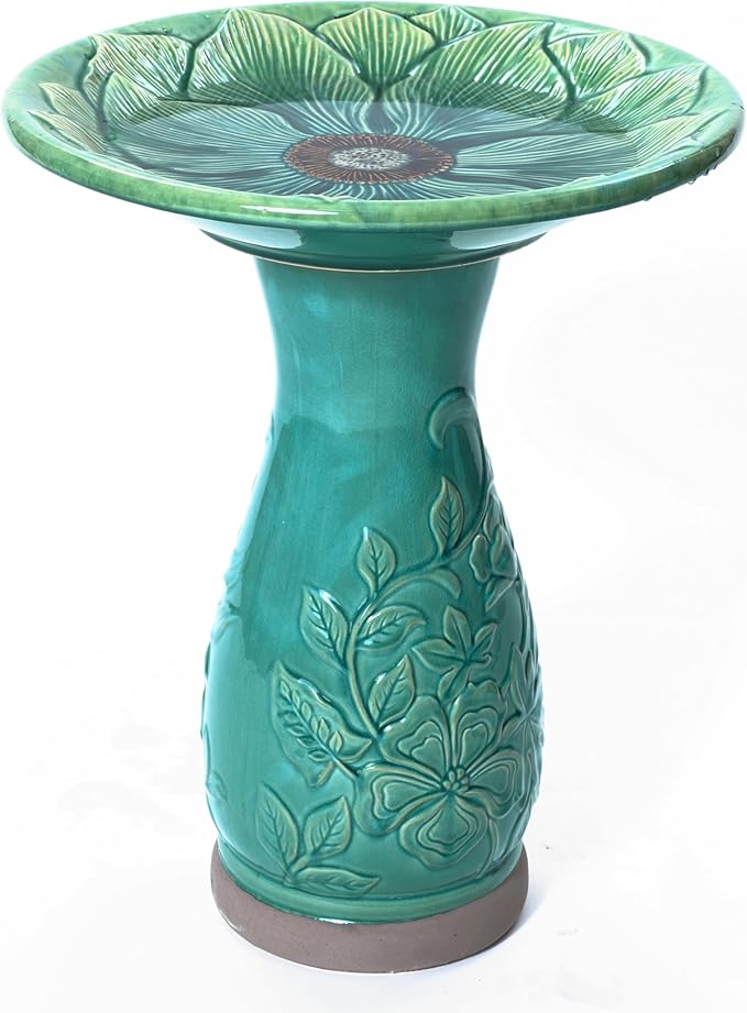 LuxenHome 23 Inch Ceramic Bird Bath for Outside, Elegant Tall Outdoor Bird Bath, Lightweight Pedestal Glazed Birdbaths for Outdoors with Floral Embossed Design, Jade Green