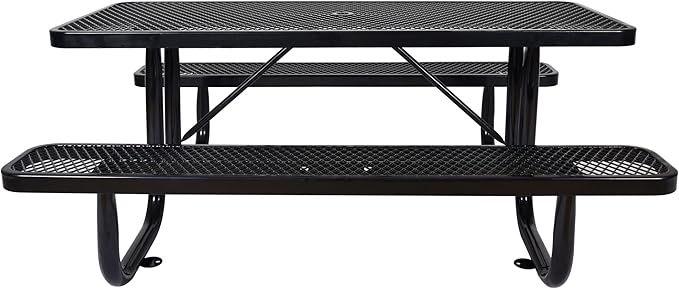 Picnic Table with Umbrella Pole, Heavy-Duty Weather-Resistant Dining Table for Patio, Rust-Resistant Finish, Black
