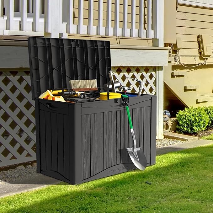 45 Gallon Lockable Resin Deck Box, Waterproof & UV-Resistant Outdoor Storage Box for Outdoor Cushion Storage, Garden Tools & Pool Accessories Storage, Black