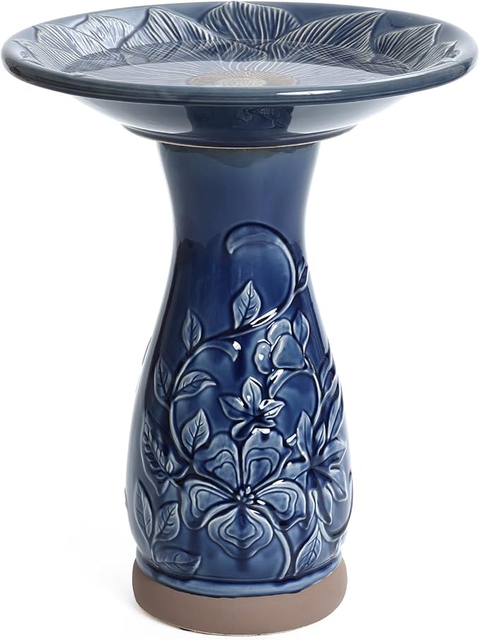 LuxenHome 22 Inch Ceramic Bird Bath for Outside, Elegant Tall Outdoor Bird Bath, Lightweight Pedestal Glazed Birdbaths for Outdoors with Floral Pattern, Deep Blue