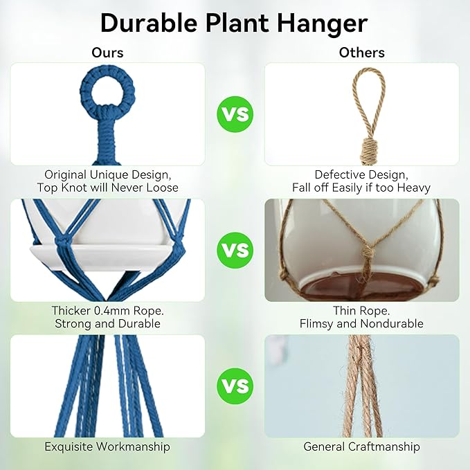 USLAI Macrame Plant Hanger Indoor Outdoor, Up to 4-15 inch Pot, Heavy 20lb Planters, Extra Long Strong Hanging Planter Basket Holder, Boho Home Decor, 35+49 Inch, Blue (POTS NOT Included)