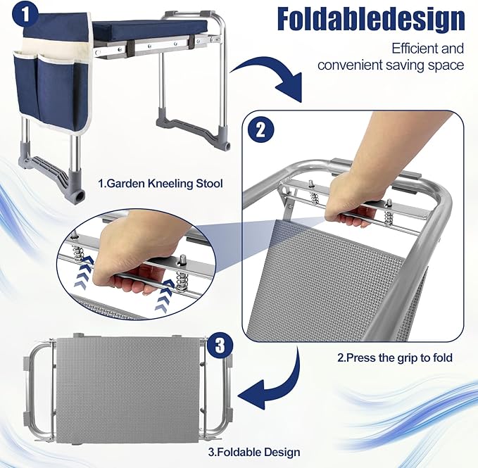 Garden Kneeler and Seat, Wider & Thicker Kneeling Pad Heavy Duty Foldable Garden Stool with Large Gardening Tool Pouch and Bag, Portable Garden Bench- Gardening Gifts for Women, Men, Seniors, Mom& Dad