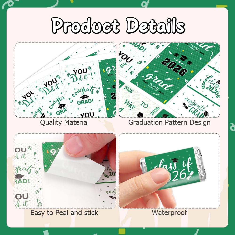 Graduation Party Decorations 2026 Graduation Label Stickers, 120PCS Congrats Grad Mini Green White Candy Wrapper Class Of 2026 Chocolate Bar Sticker