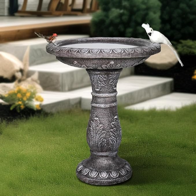 SKYFIRE 24.4" H Cement Bird Bath for Garden- Fibre Reinforced Concrete Bird Baths for Outdoors, Large Size Vintage Carved Pedestal Birdbath for Patio, Yard, Lawn -20”Dia. X 24.4”H Bird Fountain