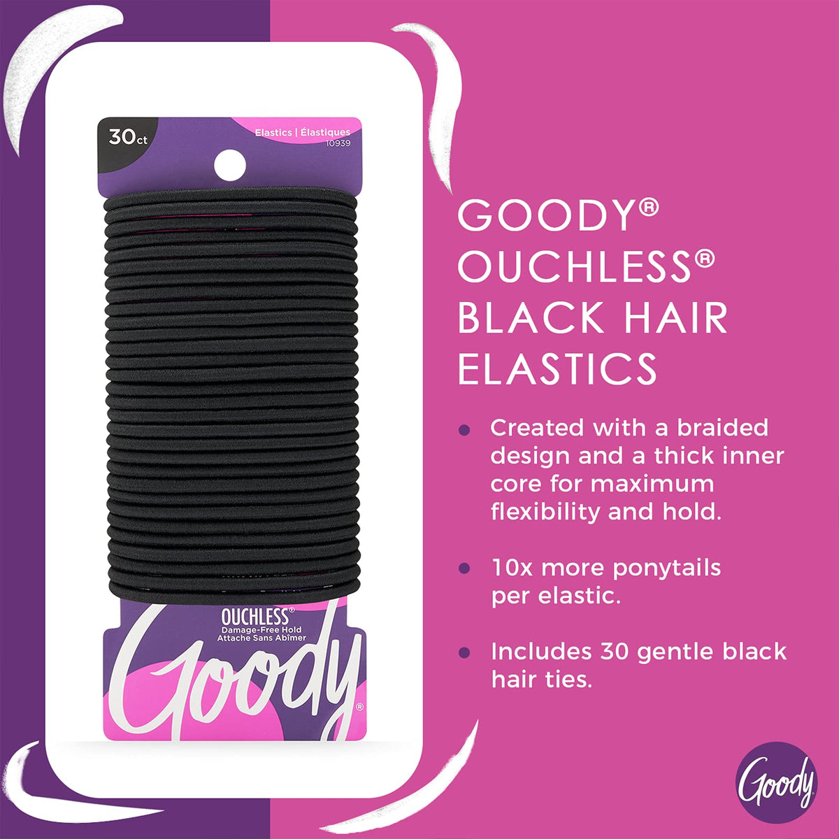 Goody Ouchless Elastic Hair Ties, 30 Ct, Black, 4MM Rubber Bands, Pain-Free