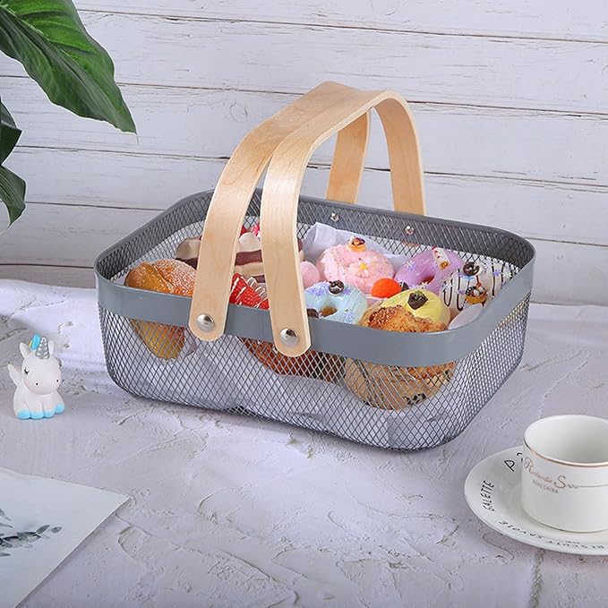 Metal Mesh Steel Basket, Storage Organizer Basket Garden Harvest Basket Multi-functional Kitchen Fruit Baskets Bin with Wooden Handle for Bathroom Picnic Shopping Decor Cabinet Home, Grey