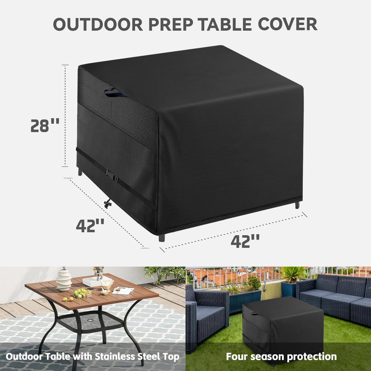 Outdoor Patio Square Table Cover 42 inch Black Heavy Duty Waterproof Cover for Square Slatted Tabletop