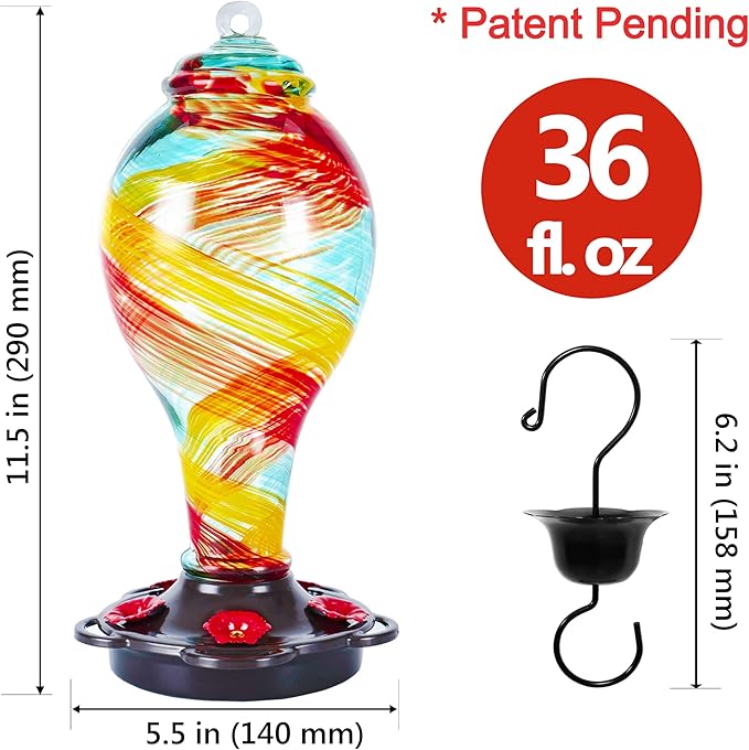 LUJII Hand Blown Glass Hummingbird Feeder for Outdoors Hanging with Ant Moat, 36 fl.oz, Leak Proof & Rustproof, Metal Base with 5 Feeding Ports & 5 Perches, Unique Garden & Backyard Decor (Ribbon)