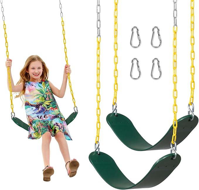 Decorlife 2 Pack Outdoor Swings Seats with 66" Rust-Resistant Heavy Duty Chain, Playground Swing Set Accessories Replacement Anti-Slip Seats, Backyard Swing Support 330lb for Kids or Adults (Green)