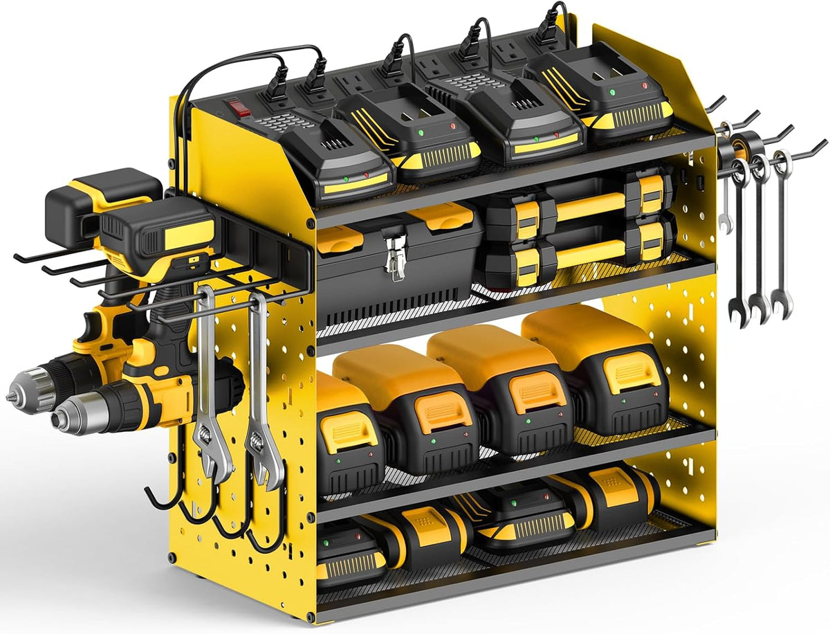 CCCEI Modular Desk Power Tools Organizer with Charging Station, 4 Layer Drills Battery Storage Wall Mount, Garage Shop Organization, Anniversary, Birthday, Gifts for Men, Father, Yellow, 6FT Cord.