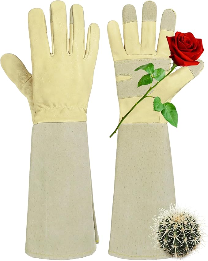 HANDLANDY Rose Pruning Gardening Gloves for Men Women, Thorn Proof Forearm Protection Leather Garden Gloves, Gardening Gifts for Gardeners (Beige- goatskin, Small (Pack of 1))