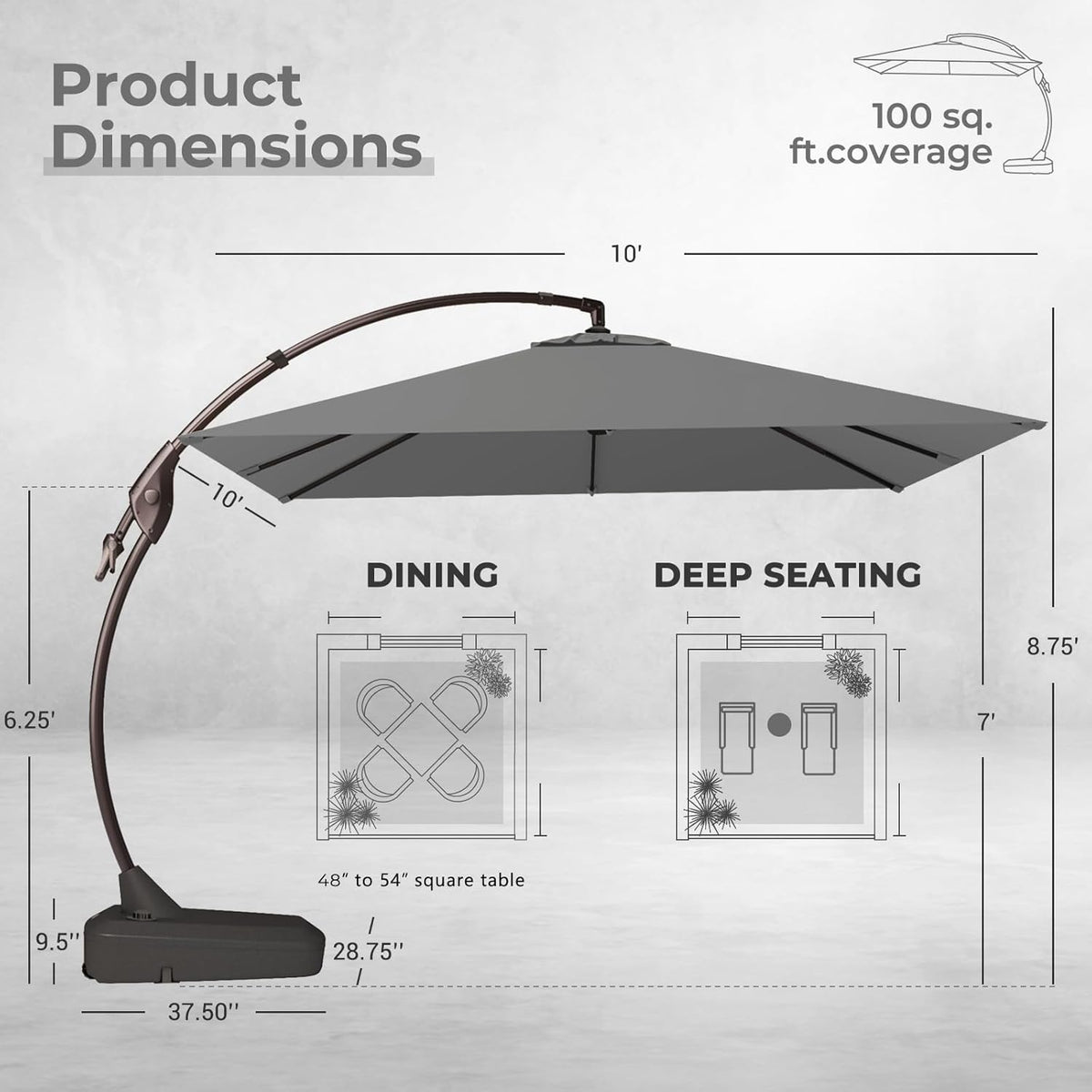 Grand patio 10x10 FT Patio Cantilever Umbrella with Base Outdoor Large Square Tilting Offset Umbrellas for Deck Backyard (Gray, 10x10 FT)
