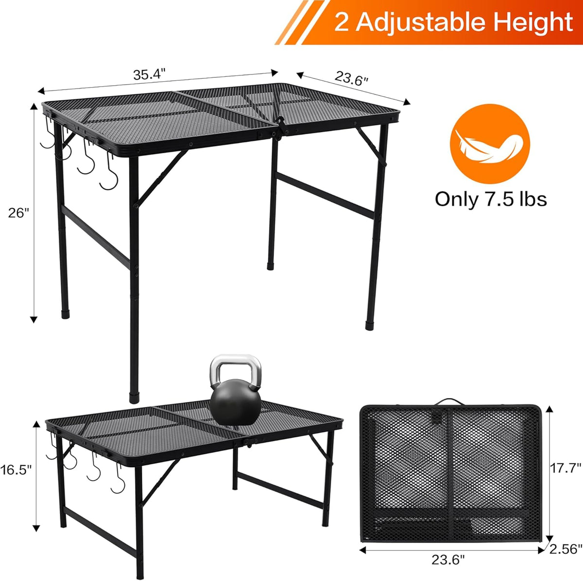 Outdoor Picnic Camping Table, Folding Grill Metal Table 3 Ft - Portable, Lightweight, Compact & Height Adjustable Collapsible Patio BBQ Table with Trash Bag Holder