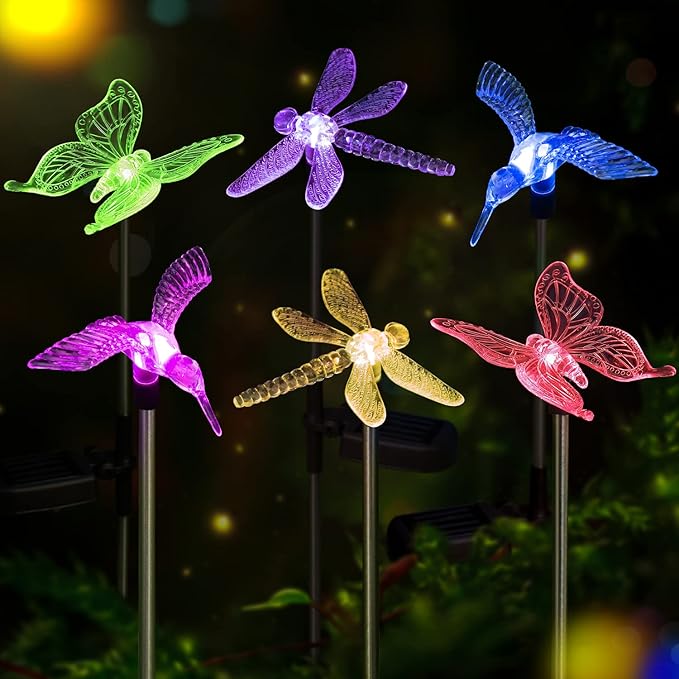 OxyLED Solar Garden Stake Lights 6 Pack Outdoor LED Figurine Lighting Color Changing Waterproof Solar Hummingbird Lights Butterfly Dragonfly for Patio Yard Pathway