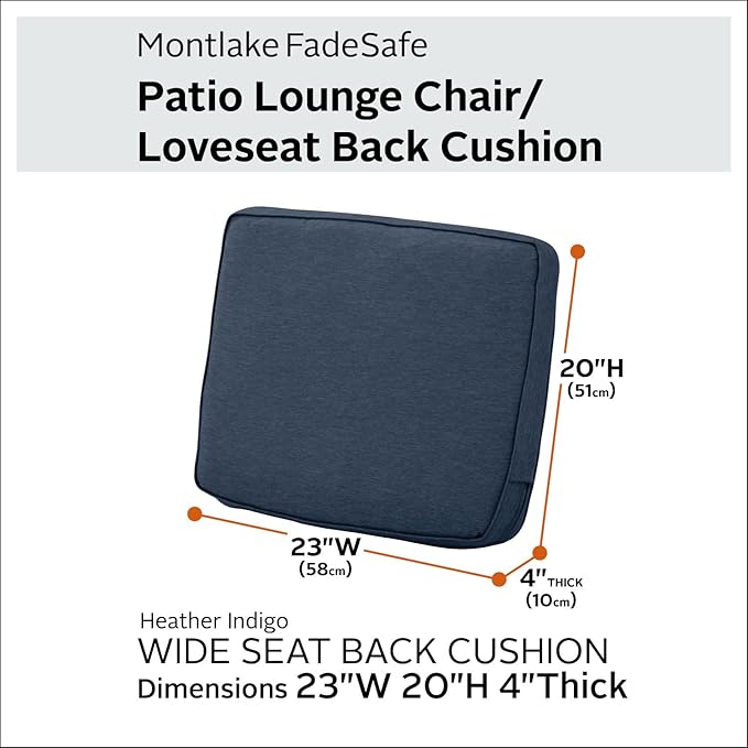 Classic Accessories Montlake Water-Resistant 23 x 20 x 4 Inch Patio Lounge Back Cushion, Heather Indigo Blue, Outdoor Loveseat Cushions