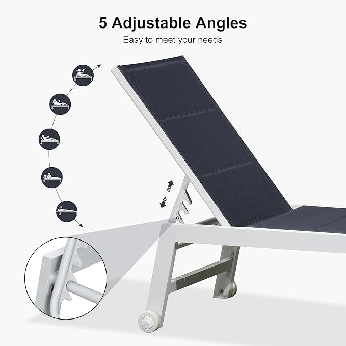 PURPLE LEAF Outdoor Chaise Lounge Set Oversize Adjustable Sunbathing Recliner Extra Wide Lounge Chairs with Side Table for Poolside Beach Outside Patio Aluminum Chaise Lounger Navy Blue 2 Sets