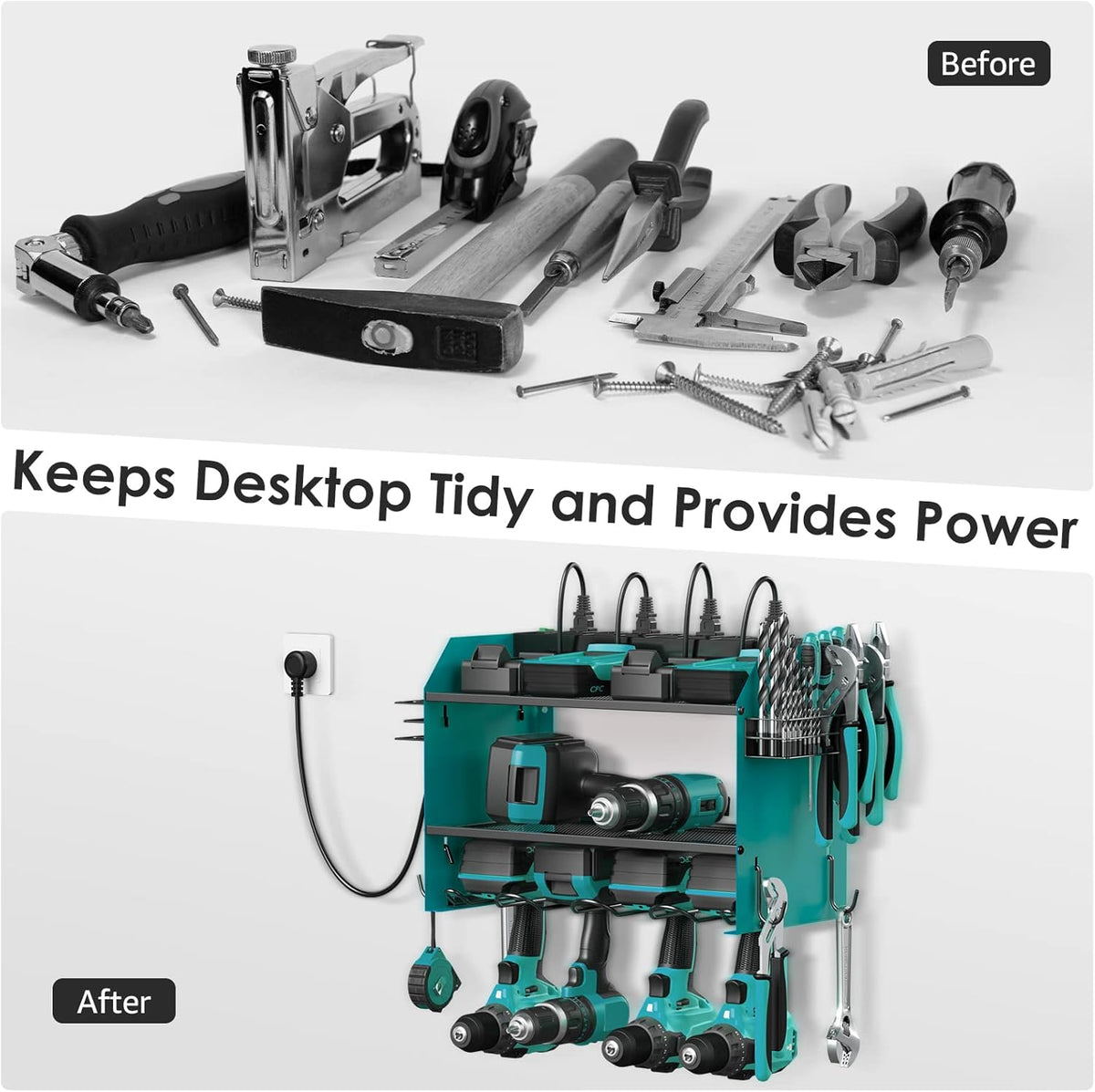 CCCEI Modular Power Tool Organizer Wall Mount with Charging Station. Garage 4 Drill Storage Shelf with Hooks, Drill Bit Heavy Duty Rack, Navy Blue Tool Battery Holder Built in 8 Outlet Power Strip.