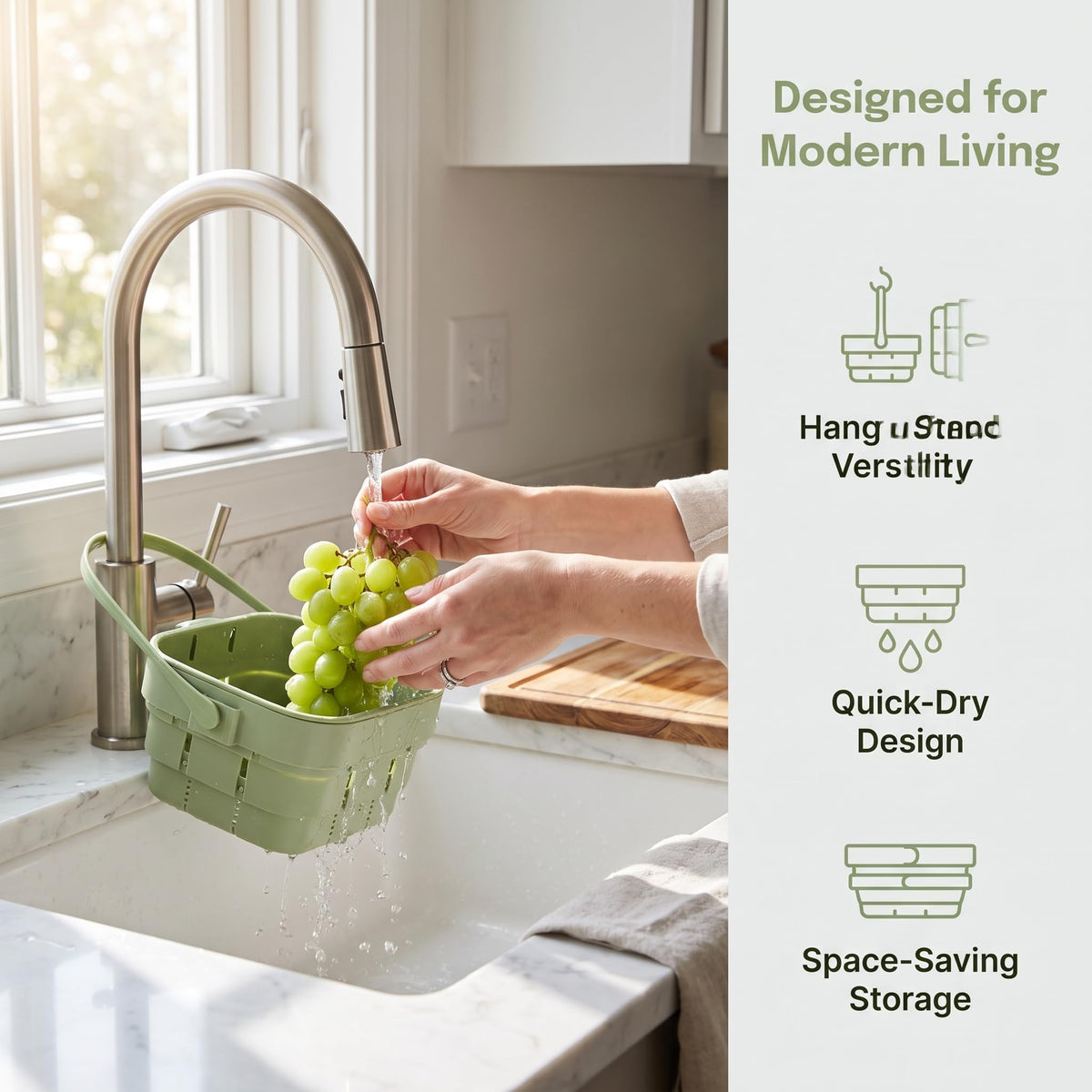 2 Pack Foldable Hanging Sink Strainer Basket, Over Sink Collapsible Colander with Faucet Hook, Kitchen Drain Basket for Washing Fruits Vegetables, Food Scraps Strainer & Sink Organizer