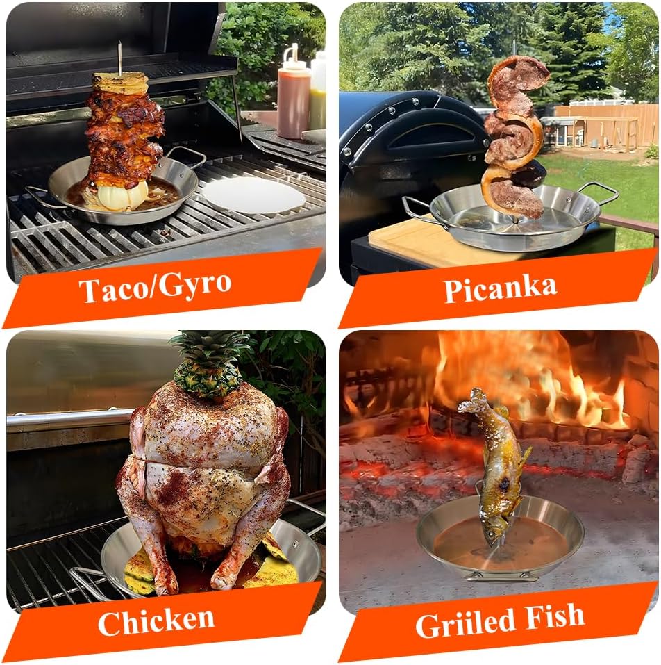 BBQ Vertical Skewer Pan Stainless Steel Gyro Spit Shawarma Stand for oven, Al Pastor Skewer for Grill, El Pastor Hack for Tacos Al Pastor Chicken, Brazilian, with 8",10" stick